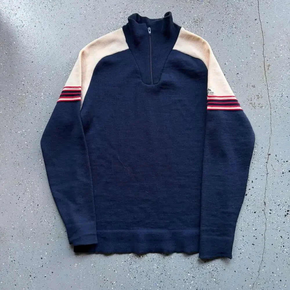 1970s Rockee Usa 1/4 Zip Sweater Large Navy Wool Striped Knit